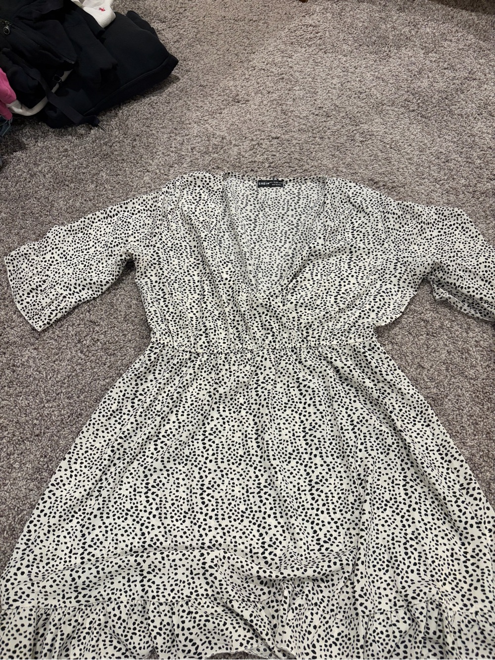 SHEIN White Dress with Black Dot Print V-Neck